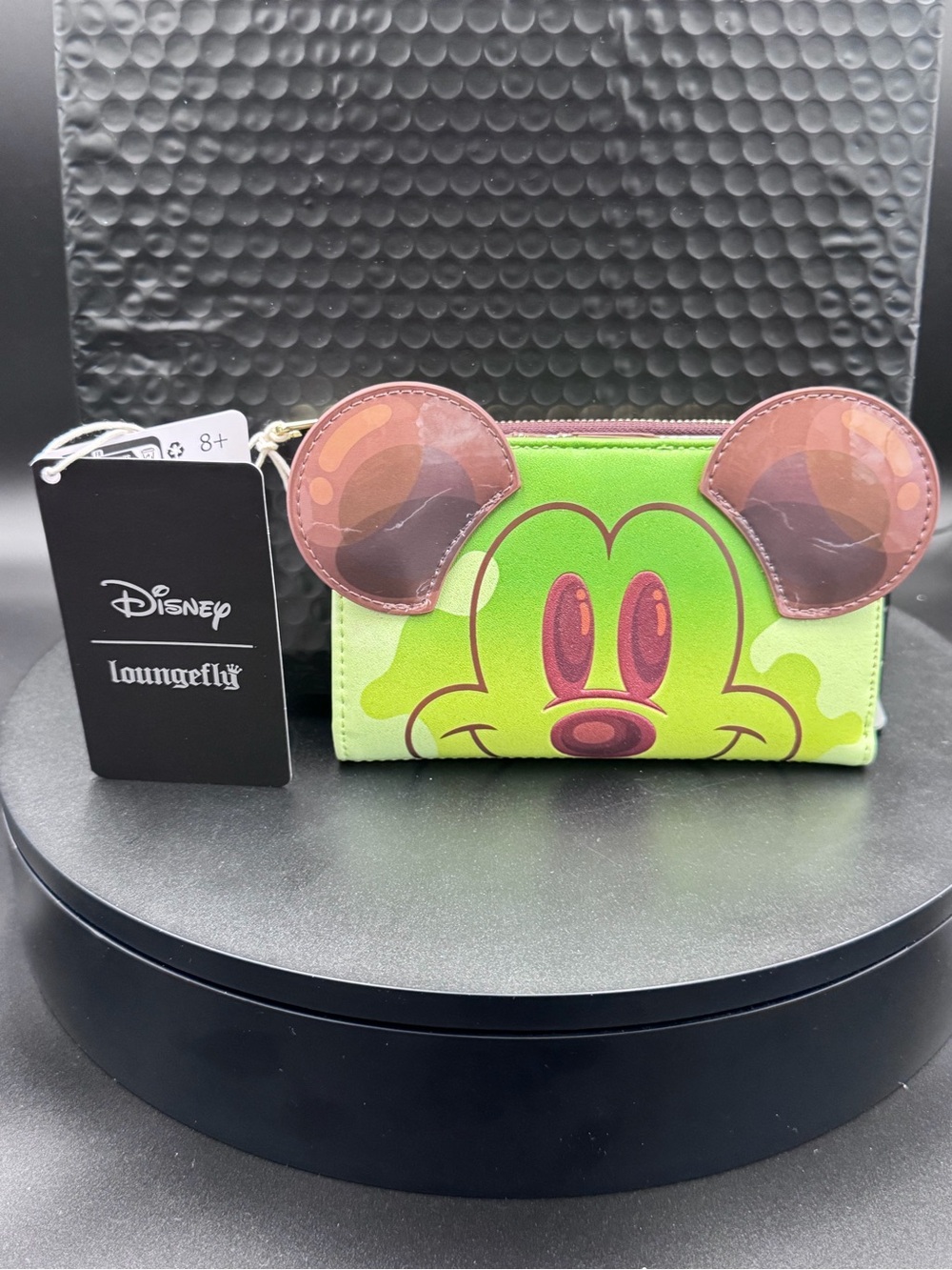 Loungefly  Boba Tea Neon Green Mickey Ear Zip Wallet with Brown Ears